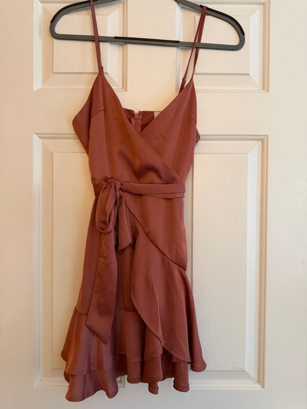 Womens Rust Wrap Mini Dress with Tie Waist